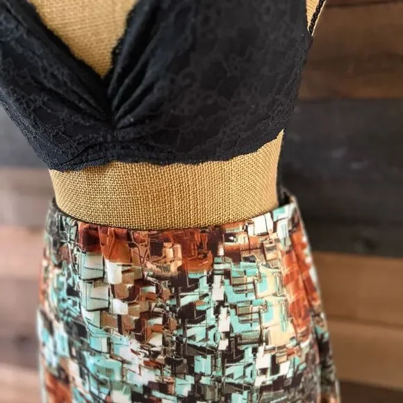 Betsey Johnson Set Shirt & Skirt Medium Brown Green Geometric Bell Sleeve Top - Picture 6 of 13